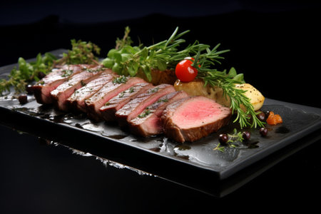 sliced ready, juicy beef steak on a black plate, dark backgroundの素材