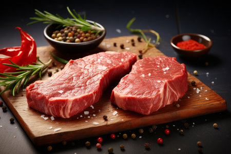 fresh raw steak on a wooden board with rosemary and spices ready for grillingの素材