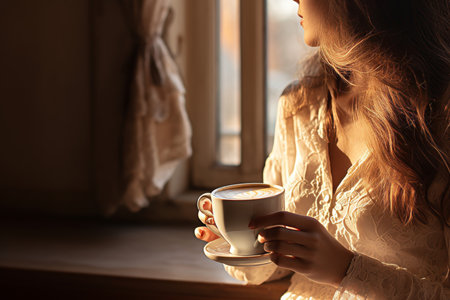 Woman holding hot coffee in warm daylight. Morning coffee. Lifestyle.の素材