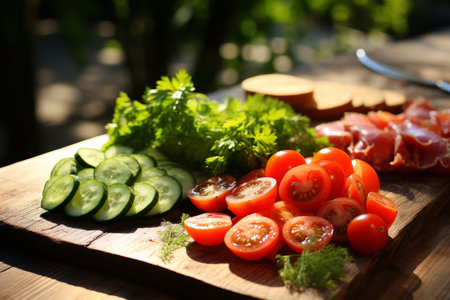 Cooking vegetable salad. Chopped vegetables and herbs. Diet or vegan food concept. Salad ingredients on a cutting board.の素材