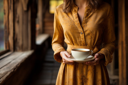 Woman holding hot coffee in warm daylight. Morning coffee. Lifestyle.の素材