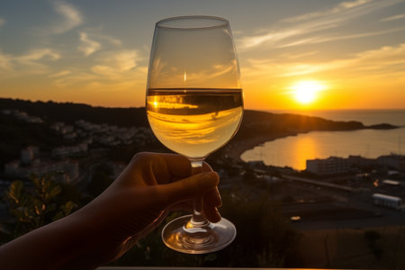 A glass of wine against the backdrop of a colorful sunset and the seaの素材