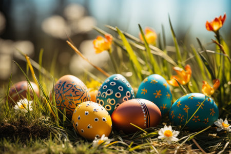 Easter eggs in green grass, with blooming daffodils in the background. Happy Easter. Happy Easterの素材
