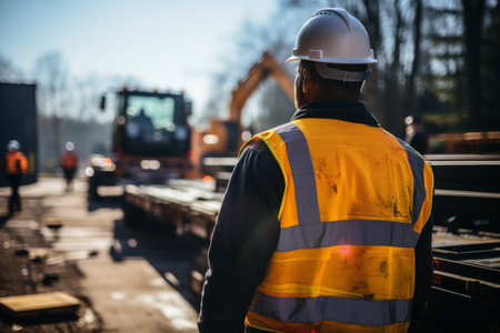 Portrait of a handyman in a hard hat, against the background of constructionの素材