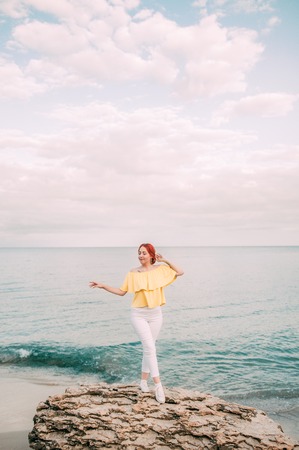 tylish wear, skin care, brunette hipster enjoy the sea, happy model, dreamer, girl in white shirt, laugh, bohemian woman resting, hand watchの写真素材