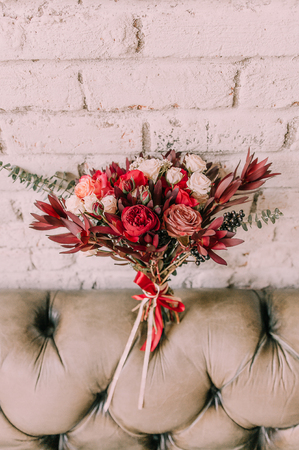 Wedding bouquet on an old chair , interior loftの写真素材
