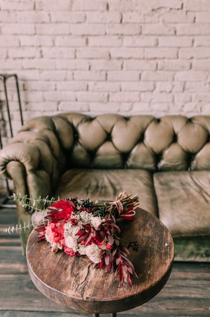 Wedding bouquet on an old chair , interior loftの写真素材