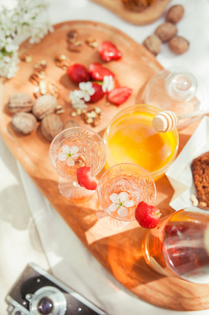 spring picnic in cherry blossoms in the garden in Ukraineの写真素材
