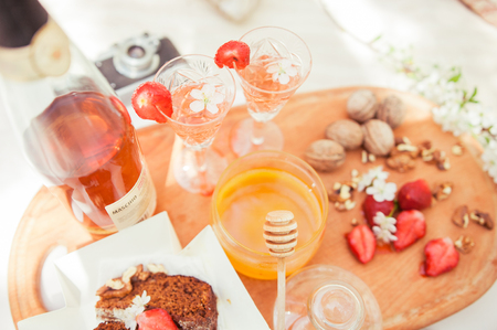 spring picnic in cherry blossoms in the garden in Ukraineの写真素材