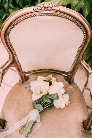 Bridal morning details. Wedding bouquet of orange, beigeの写真素材