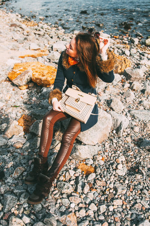 Windy autumn days relaxing on coast feeling goodの写真素材