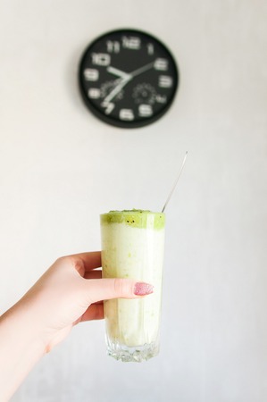 Time to drink smoothies. Vegetable green smoothie. Morning