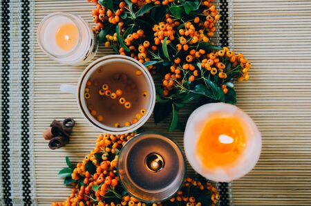 Hot tea with sea buckthorn, selective focus, bright background. Autumn atmosphere. Warmth and comfort. Sea buckthornの写真素材