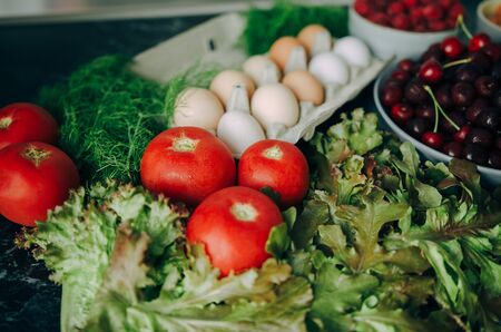 The concept is healthy food. Summer table from your garden. Tomatoesの写真素材