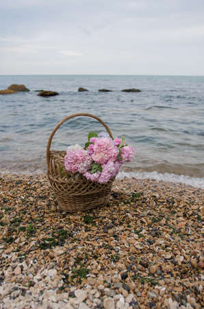 Beautiful pink-blue hydrangea on a background of the sea in a wicker basketの写真素材