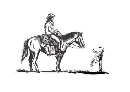 Cowboy on horseback looking at the skull of a bullのイラスト素材