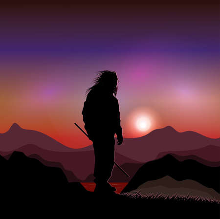 Man stands on the edge of the canyon and holds a stickのイラスト素材