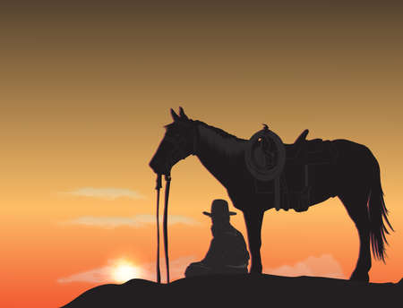 Cowboy at sunsetのイラスト素材