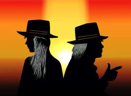 man is sitting with his back to the woman and showing a fingerのイラスト素材