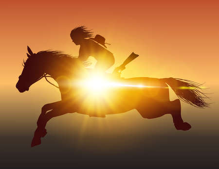 horseman on a horse jumping on it glare of the sunのイラスト素材