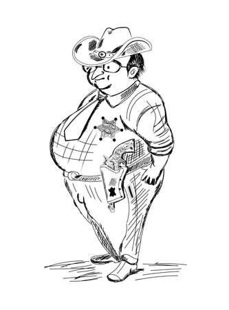 sketch of a fat man with a sheriff's star and a gunのイラスト素材
