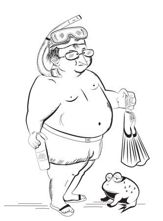 man in the mask for snorkeling standing with fins, at the bottom of the toadのイラスト素材