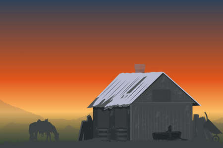 farm in the mountains at sunsetのイラスト素材
