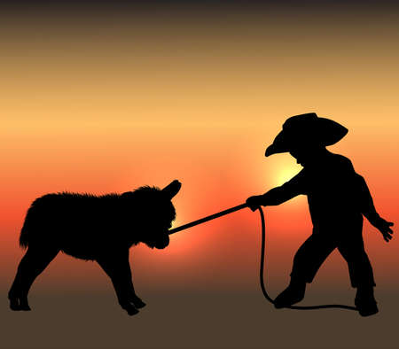 boy cowboy pulls the bridle of a little donkeyのイラスト素材