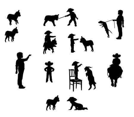 Silhouettes of a little boy in a cowboy hat and petsのイラスト素材