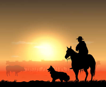 shepherd cowboy with a herd of cowsのイラスト素材