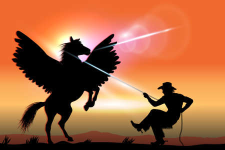Cowboy Catches Pegasus On The Prairieのイラスト素材