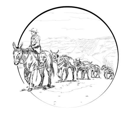 drover leads a caravan with mulesのイラスト素材