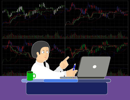 trader sits and points a finger at the chartのイラスト素材