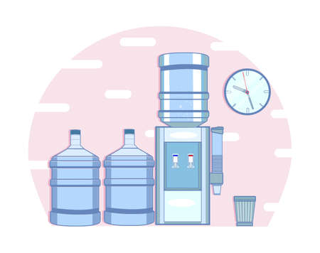 office cooler with water bottle, clock and bucketのイラスト素材