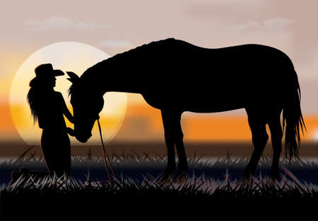 a woman kneels in front of a horseのイラスト素材