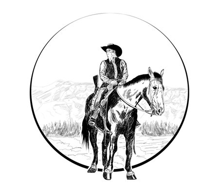cowboy sitting on a horse behind the mountainのイラスト素材