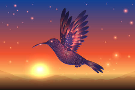 magical blue hummingbird flies against the background of the starry skyのイラスト素材
