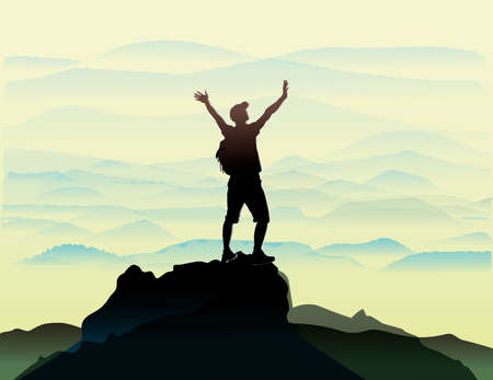 a tourist with a backpack stands on the mountain and raised his handsのイラスト素材
