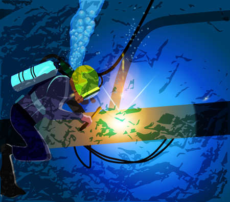 scuba diver welds a pipe under waterのイラスト素材