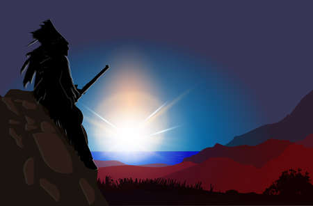 Indian sits on the mountain and looks at the lakeのイラスト素材