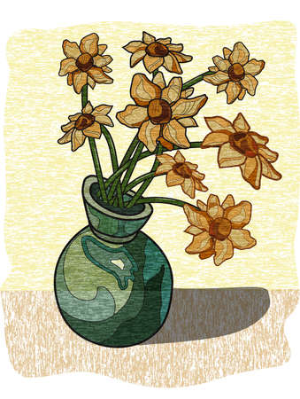 brown flowers in a blue vase with ebbの写真素材