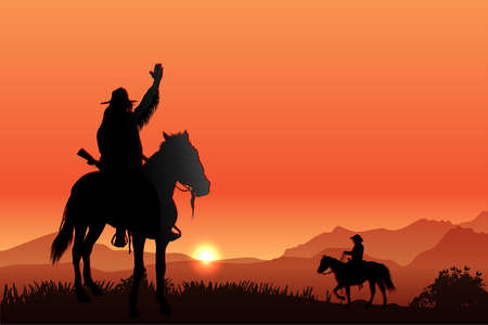 cowboy waving to rider in the distanceのイラスト素材