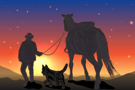 a man a horse and a dog are walking in a mountain valleyのイラスト素材