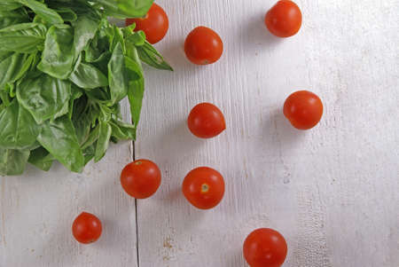 Fresh basil leaves and cherry tomatoes on a white rustic wooden tableの写真素材
