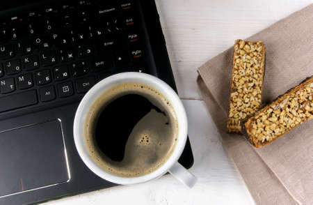 Morning working Monday: laptop, coffee and a light snack with sweets