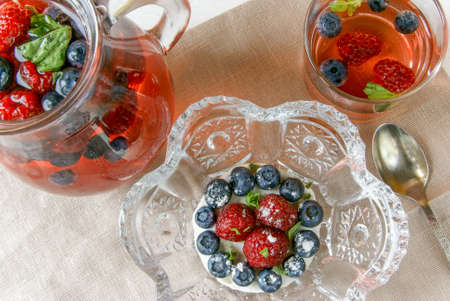 Berry tea with mint and cake with fresh berries