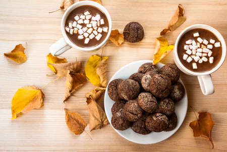 Autumn snack. Hot chocolate with whipped cream and fragrant chocolate chip cookie. Against the background of a wooden table, the decor of autumn leaves. Top viewの写真素材