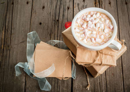 Christmas presents on rustic wooden table, copy spaceの写真素材