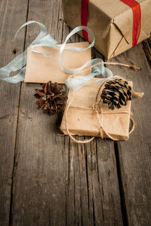 Christmas presents on rustic wooden table, copy spaceの写真素材