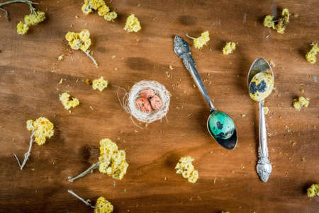 Easter still life: painted quail eggs in spoons, yellow spring flowers and ornamental bird's nest with eggs on a wooden table. Top viewの写真素材